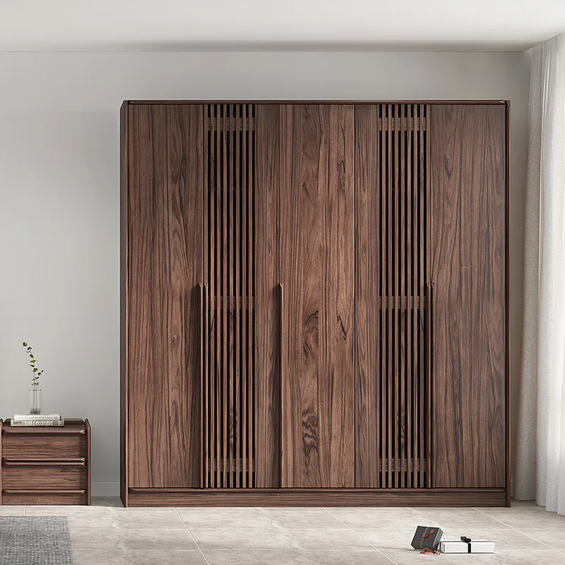 Nordic black walnut grille wardrobe modern simple all solid wood bedroom swing door log wardrobe combination wardrobe