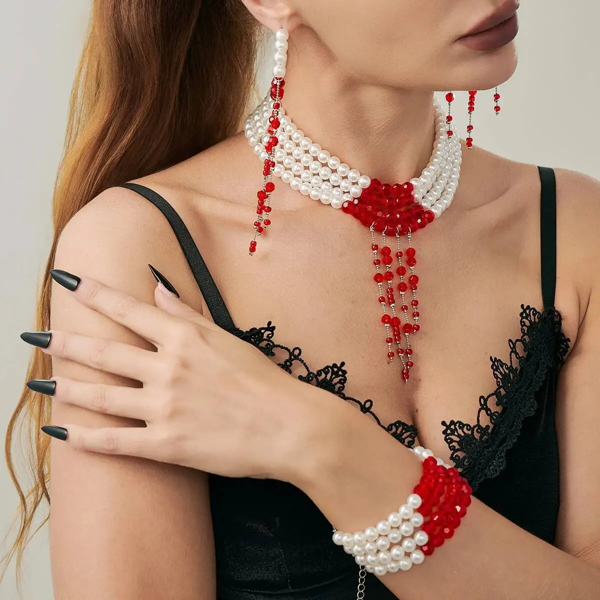 

Lacteo Goth Halloween Red Blood Imitation Pearl Tassel Necklace Bracelet Earring Elegant Multilayer Charm Neck Accessory Jewelry