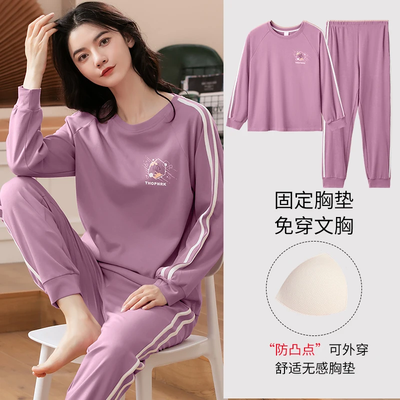 Newest Spring Sleepwear With Chest Pad Women 100% Cotton Long Sleeve Pajamas Set