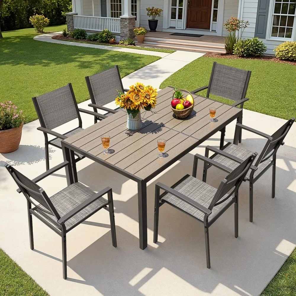 7 Piece Patio Dining Set Outdoor Furniture with Large Table & 6 Textilene Chairs for Garden Poolside Porch Grey