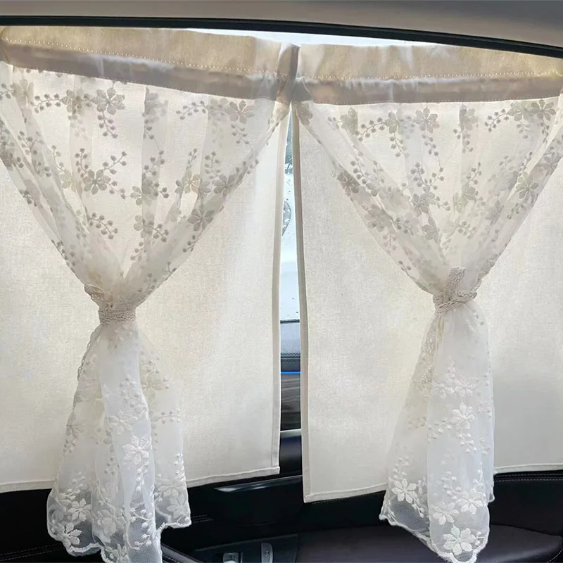 Double Layer Lace Cotton Embroidery Car Curtain Sun Shading Newborn Baby Travel Protection Window Sunshade Anti-UV Cover Outdoor