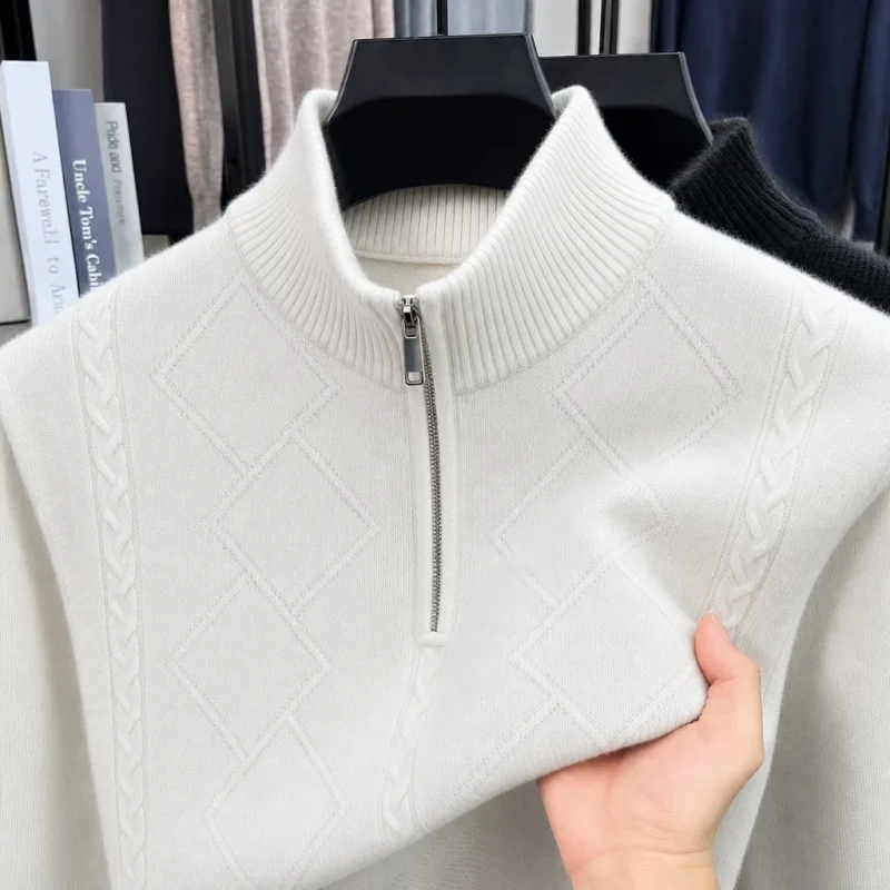 Luxury Man Long-Sleeved Knitwear Half-Zip Stand Collar Diamond Pattern Autumn Winter New Pullover Daily Commuting Men's Clothing