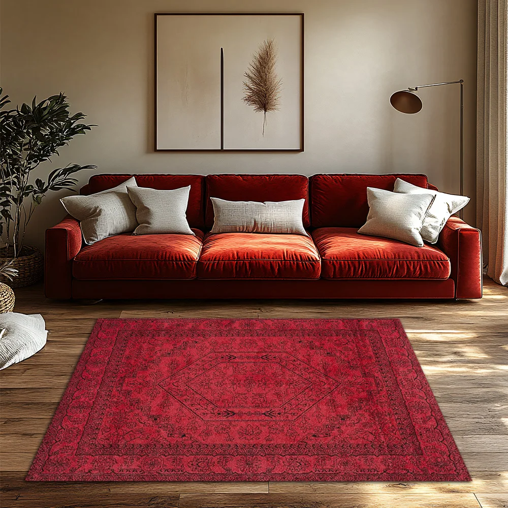 Red Bohemian Area Rug, Ethnic Pattern Non-Slip Carpet, Cozy Living Room Mat for Natural Home Decor view 6
