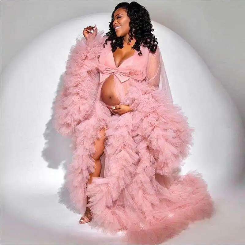 

Bridal Fluffy Tulle Maternity Robes Custom Made Pink Women Long Tulle Dresses Photo Shoot Beach Birthday Party Bathrobe