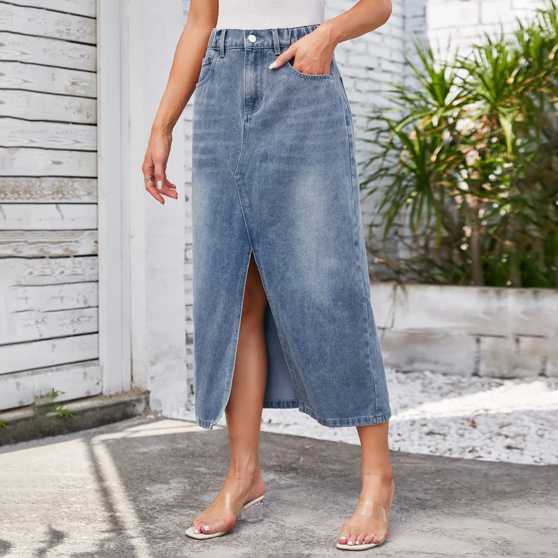 Women Vintage Denim Long Skirt Split Hem Elasticated Waist Washed Distressed Button Pockets Skirts Streetwear Female A Line