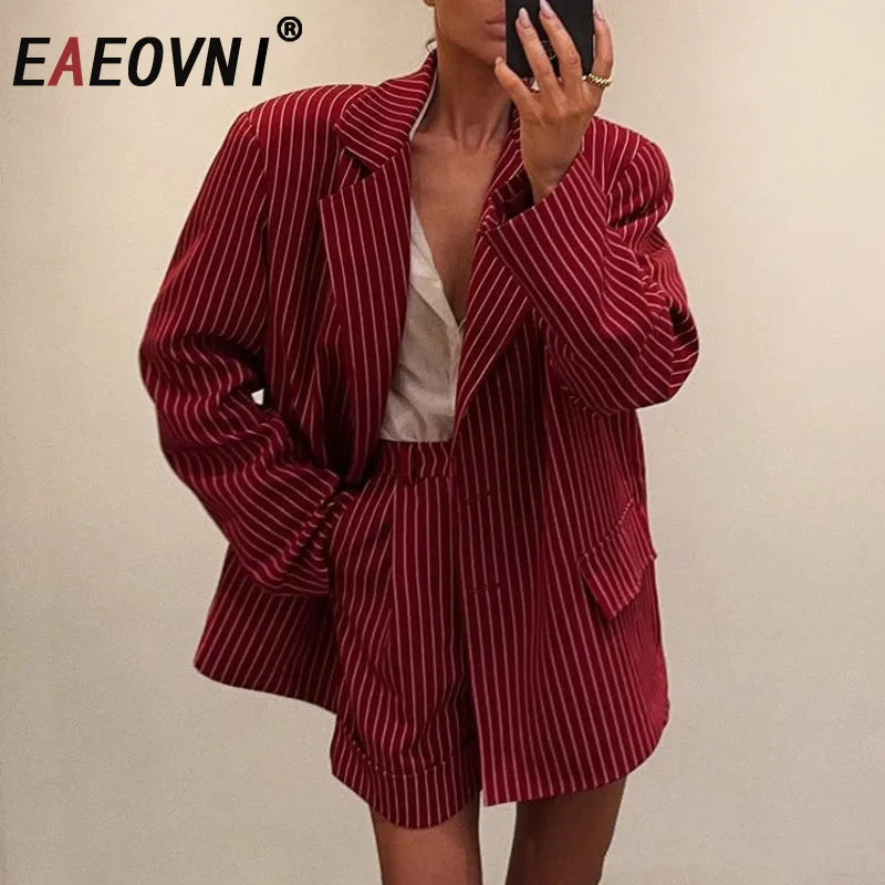 

EAEOVNI модный женский пиджак в красную полоску с шортами, верхняя одежда с зубчатым воротником и длинными рукавами, винтажная куртка, новинка 2023 г.