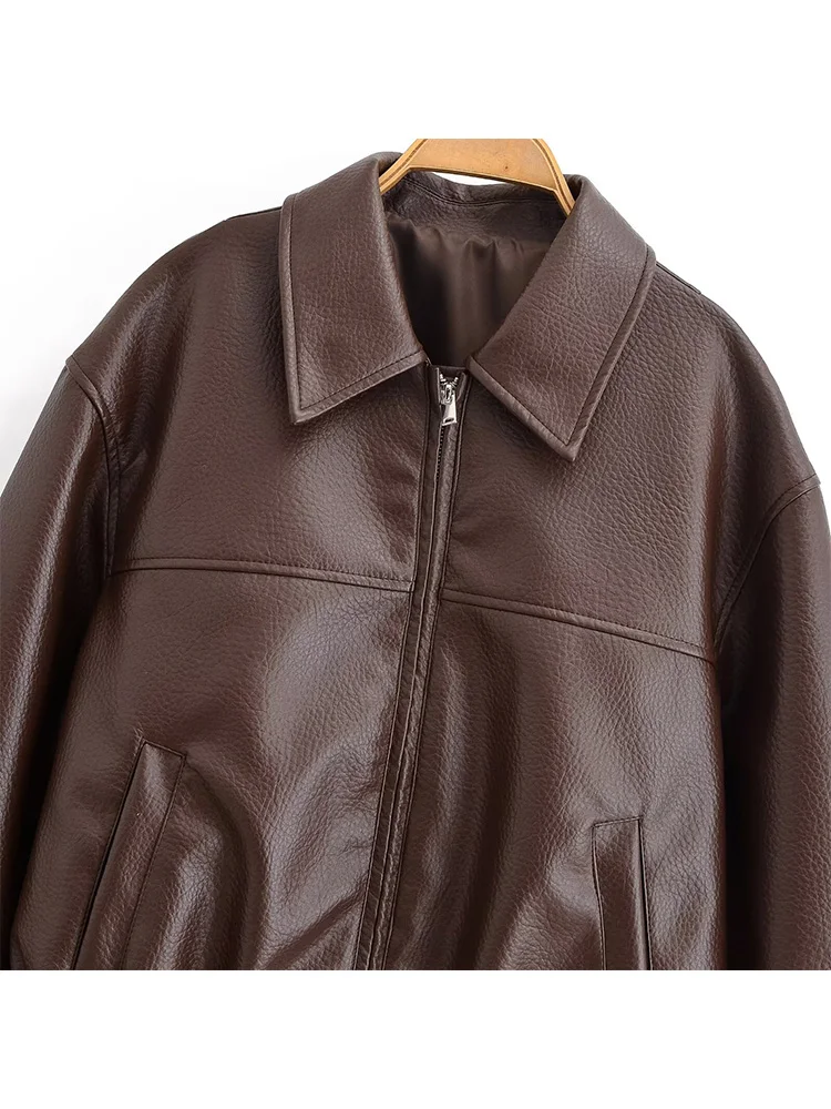 HH Damesmode Turn-down kraag Ritszakken Decoratie Effen korte jas Dames Casual nepleer Lange mouwen Straatjas