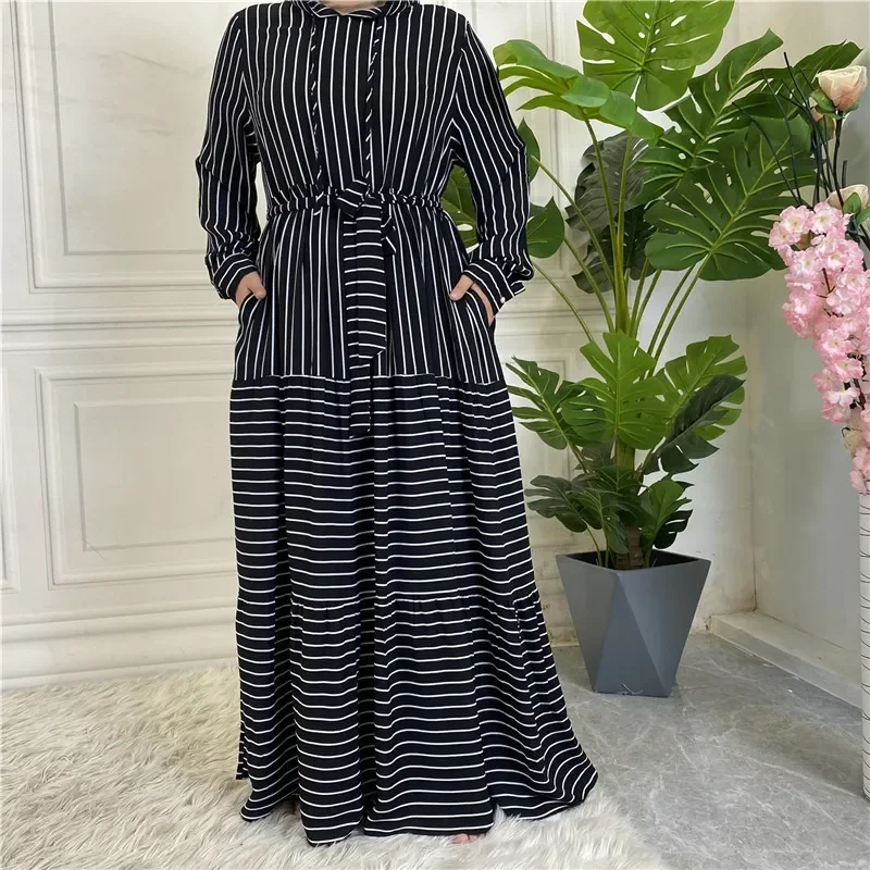 

Hooded Long Muslim Dress Dubai Abaya Arabia Stripes Muslim Maxi Dresses for Women Party Elegance Kaftan Casual Musulmane Vestido