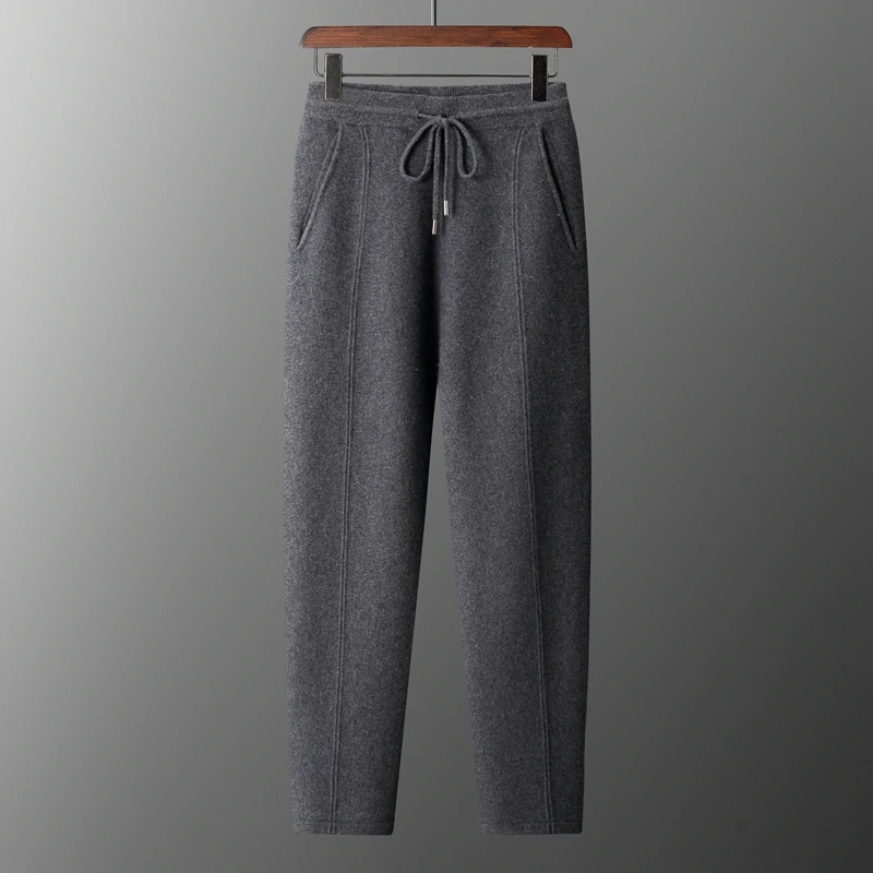 100% Cashmere Air-Layer Elastic Waist Slim-Fit Pants Men Fashion Casual Long Pants Autumn Winter Classic Sports Knitted Pant