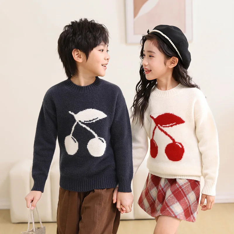 Double-Strand Thickened Wool Half Turtleneck Men's and Women's Same Sweater Cherry Embroidered Pullover Sweater Fashion