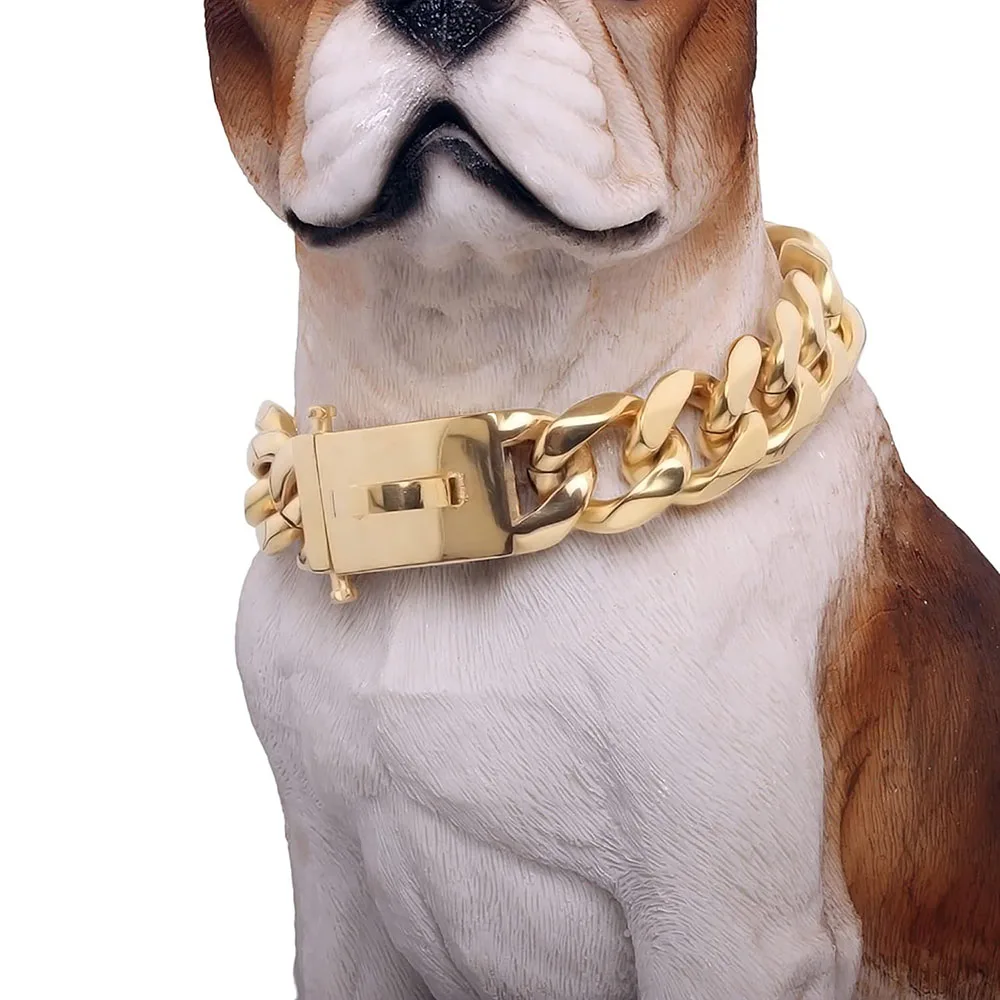 Collar de Metal para perro de acero inoxidable 316L, 19mm, cadena para caminar a prueba de masticar con hebilla segura para cachorro, perro grande, eslabón cubano dorado y plateado