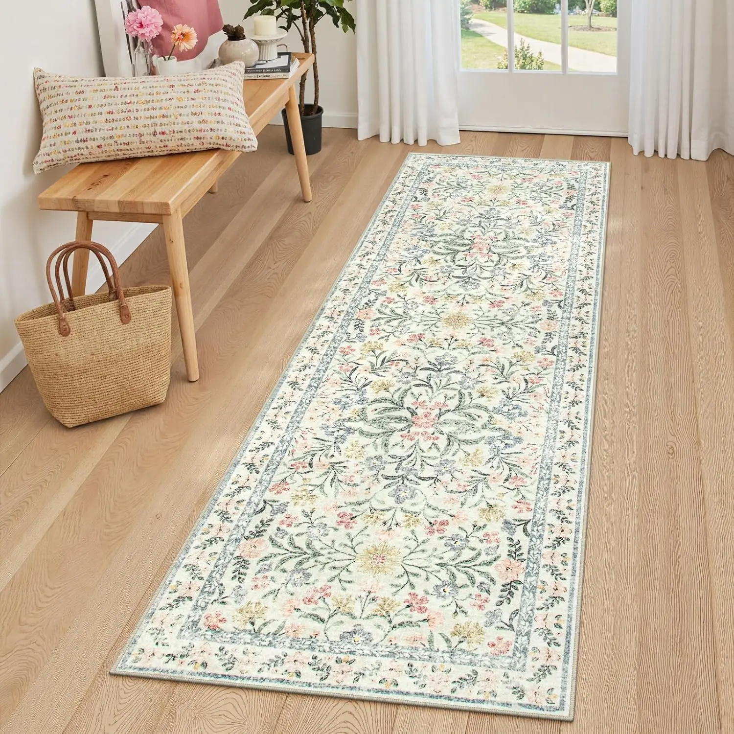 

Beige Machine Washable Rug Boho Area Rugs for Living Room Non-Slip Vintage Floral Soft Indoor Carpet for Bedroom Home Decoration