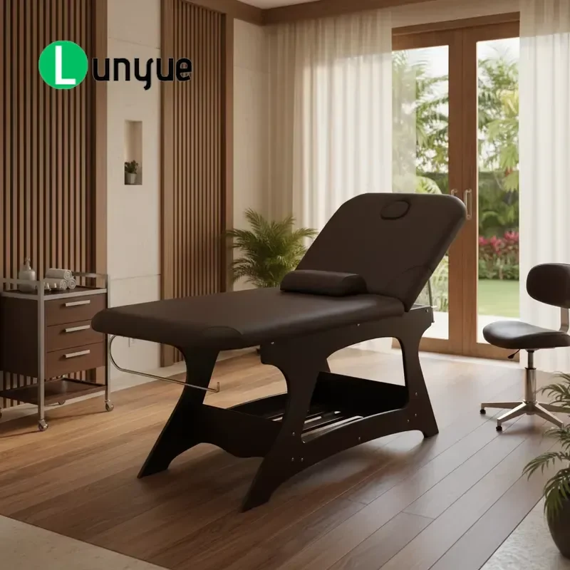 Brown Modern Adjustable Solid Wood Facial Bed Perforated Thai Massage Table for Beauty Spa Personal Care Furniture