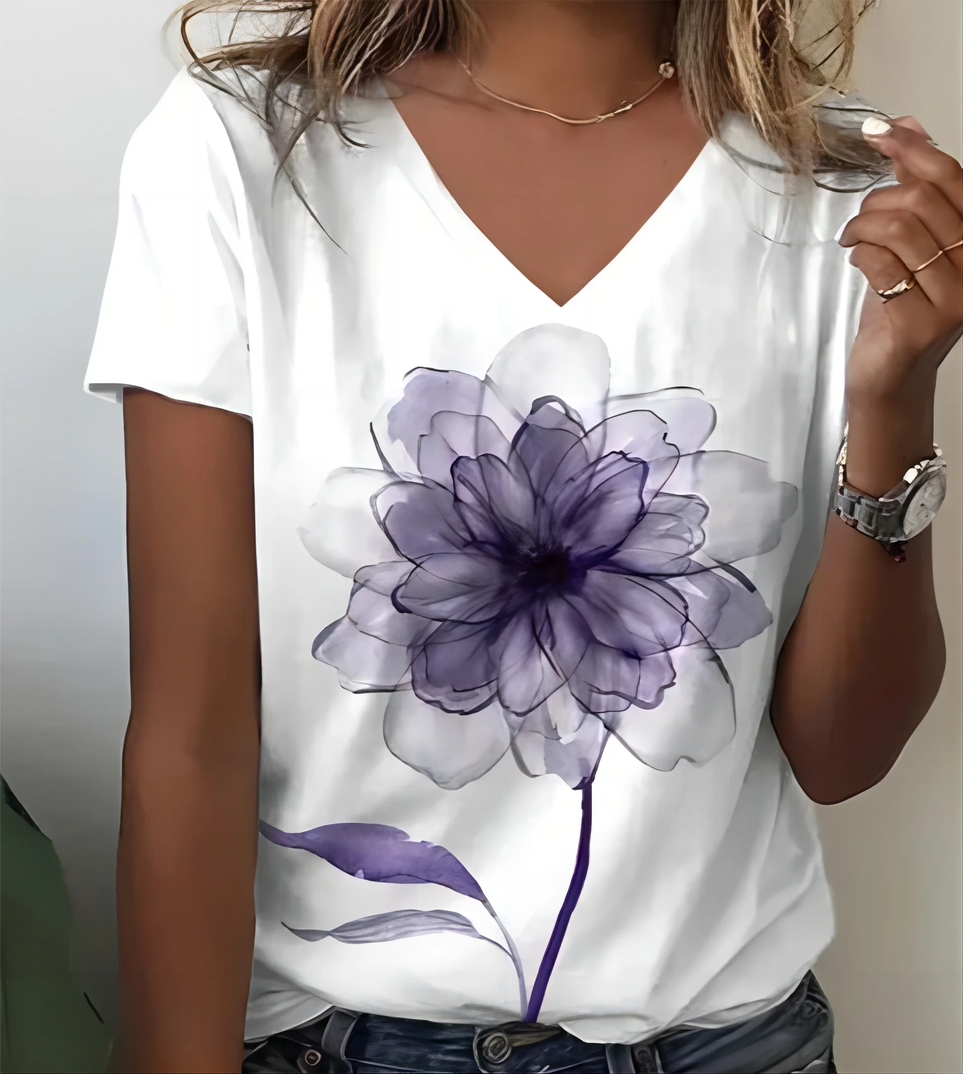 

New Women's 3D Flower Print T-shirt Summer Short sleeved V-neck Loose Extra Large Top Casual Retro Women's T-shirt S-3XL