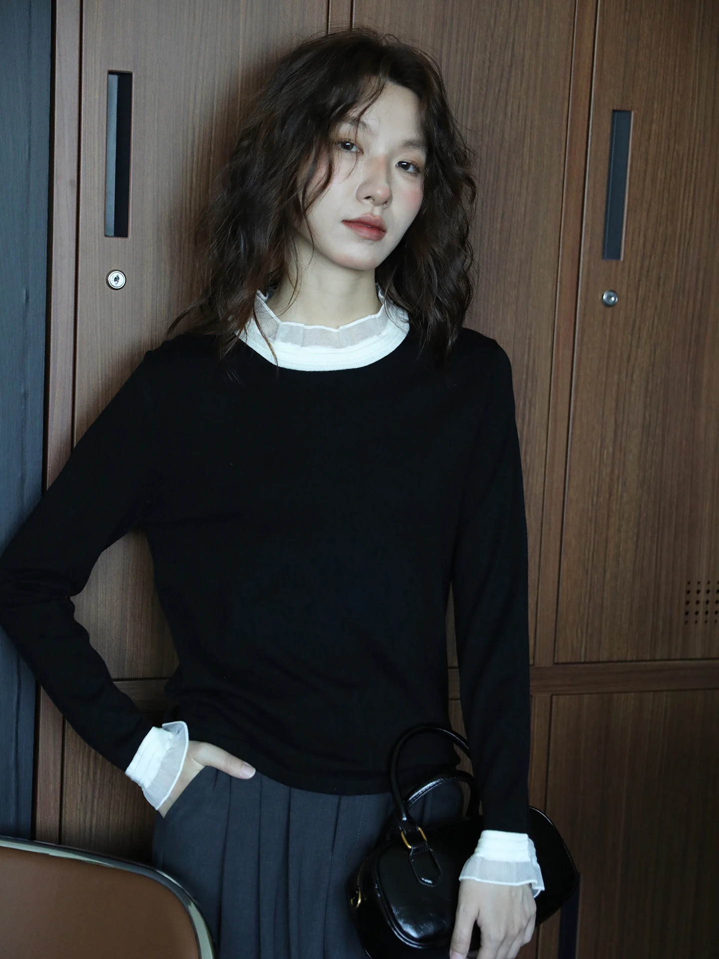 

Черный вязаный топ с кружевной отделкой, длинный све, базовый слой, внутренний дизайн, топ с воротником для похудения, винтажный женский модный топ