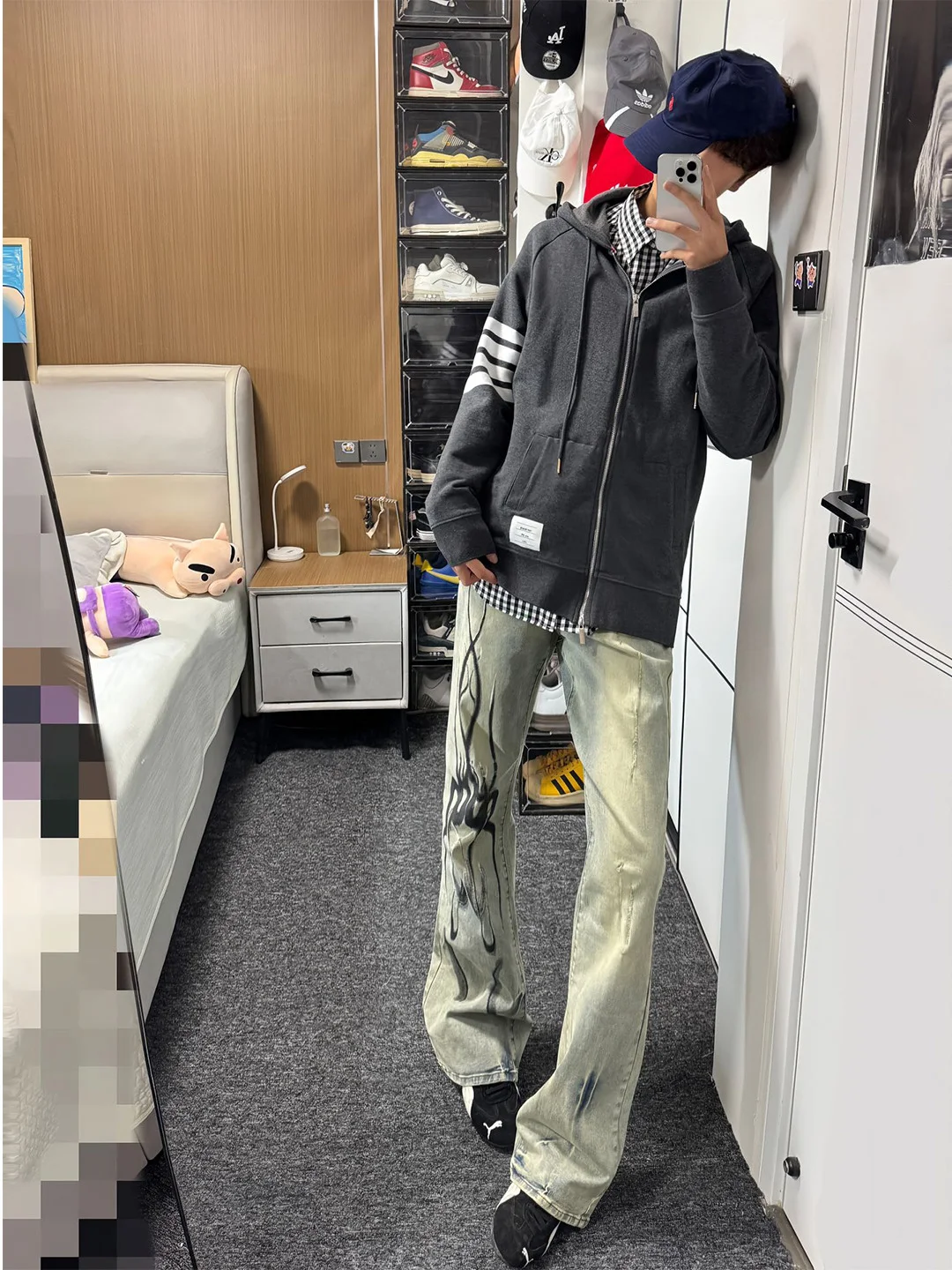

Waed Clay Color Men's Jeans High Street American Sle Fire Print Vintage Straight Leg Trousers Casual Wear Teenage Size