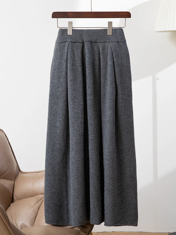 

TLOML New Women's 100% Cashmere Skirt Pleated Mid-Calf Skirt Autumn Winter Soft Office Lady Grace Style Skirt Cashmere Knitwear