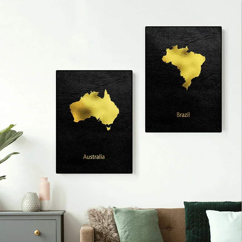 Vintage Minimalist Golden Map Japan Spain Poster Canvas Painting Country Wall Art Picture For Modern Living Room Home Decoration