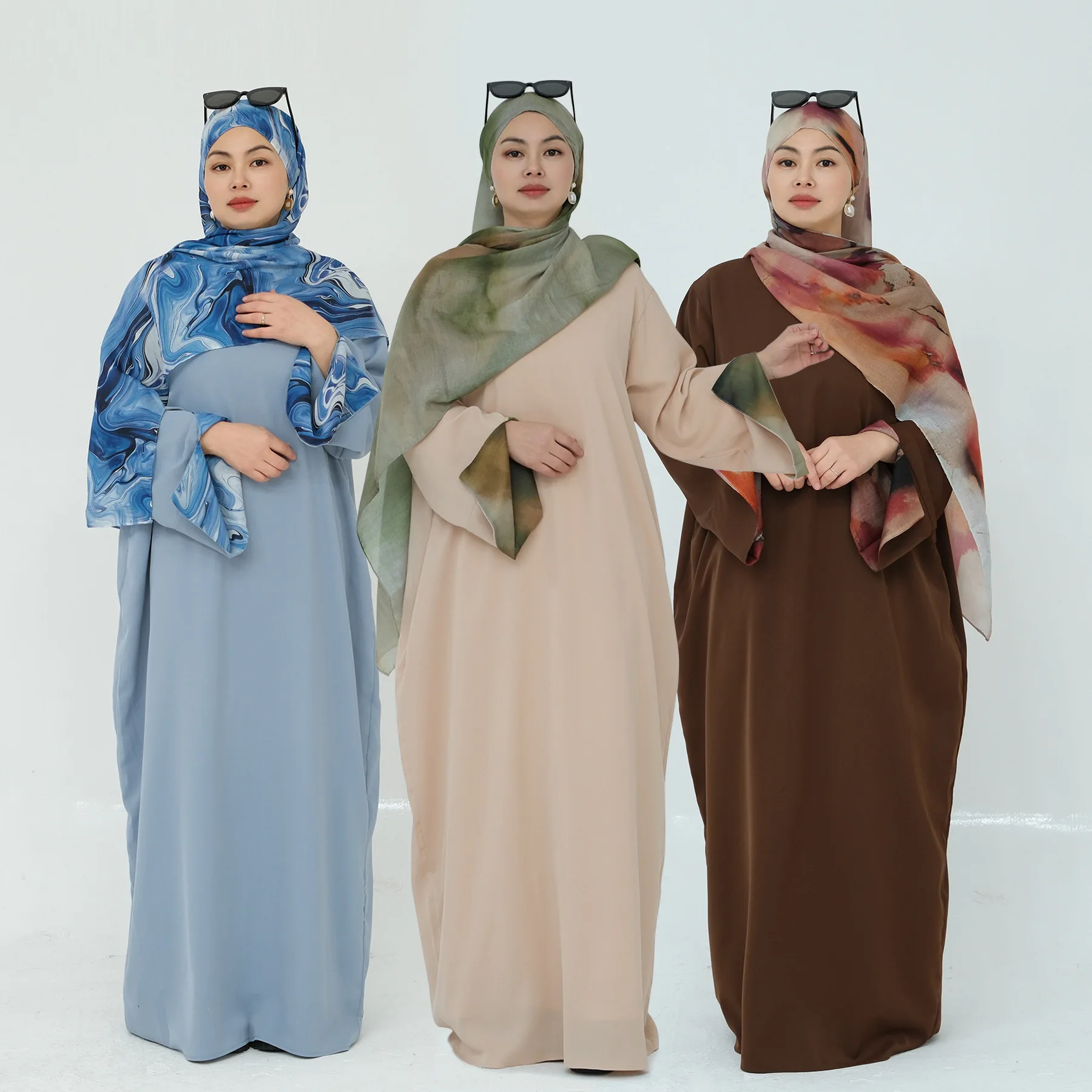 Turkey Dubai Muslim New Fashion Spring Summer Women's Solid Color Casual Trendy Elegant Loose Dresses Female Clothes Headscarf