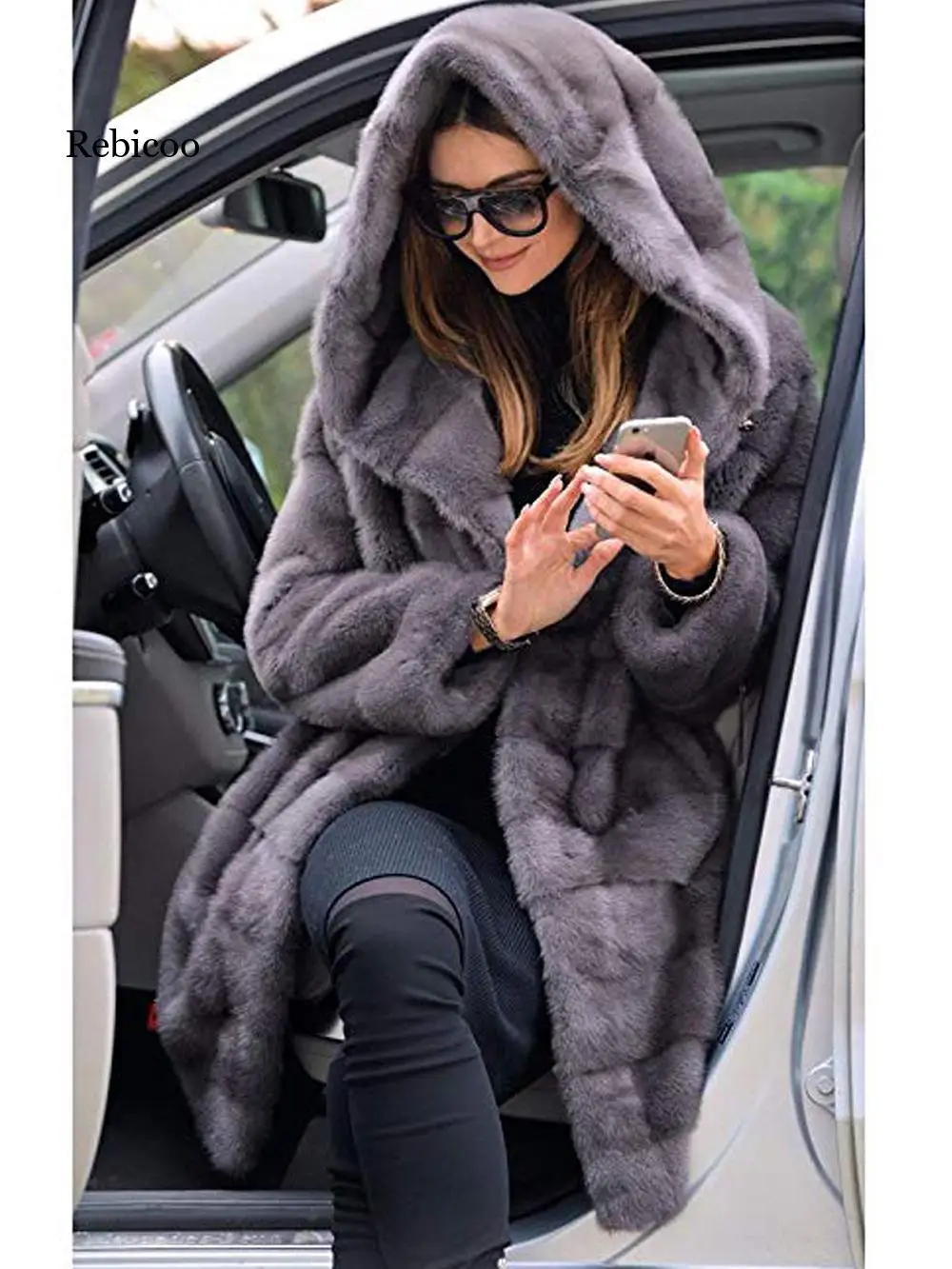 New woman fur 90cm  Women Clothing Winter Artificial Economy Mink Fur Coat with a Hood Luxury Fake Fur Coats