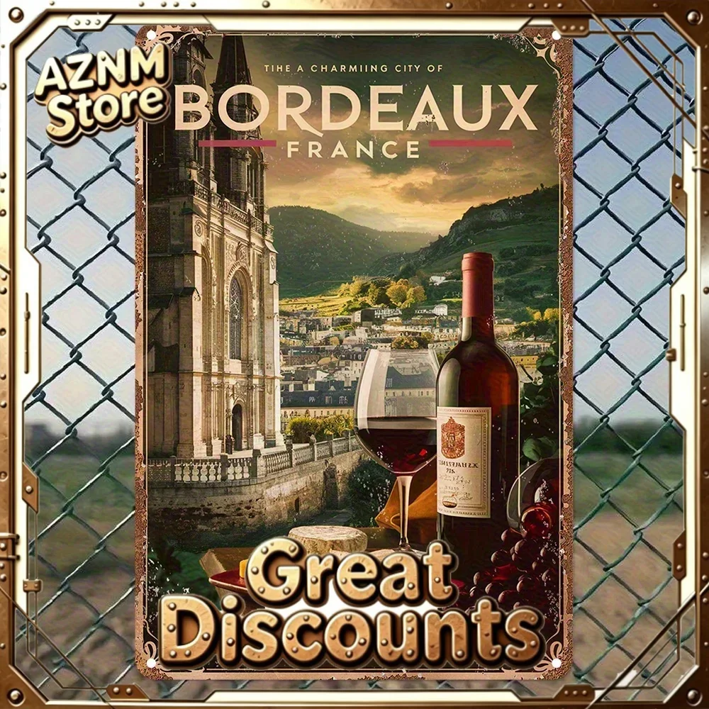 Vintage Bordeaux France Iron Wall Sign - Retro Rustic Metal Decor with Bordeaux Wine & French Landscape Art,   Indoor/Outdoor