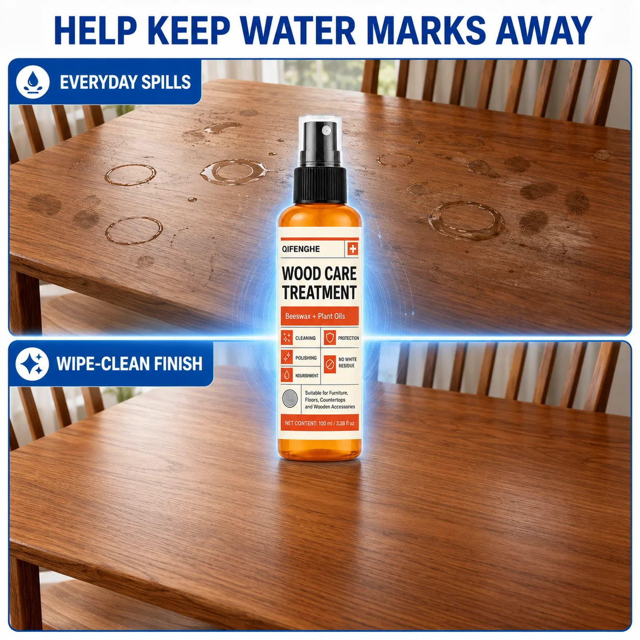 Beeswax Wood Polish Spray Furniture Scratch Repair Floor Seasoning Wax Wood Care Natural Shine Waterproof Non Greasy 100ml