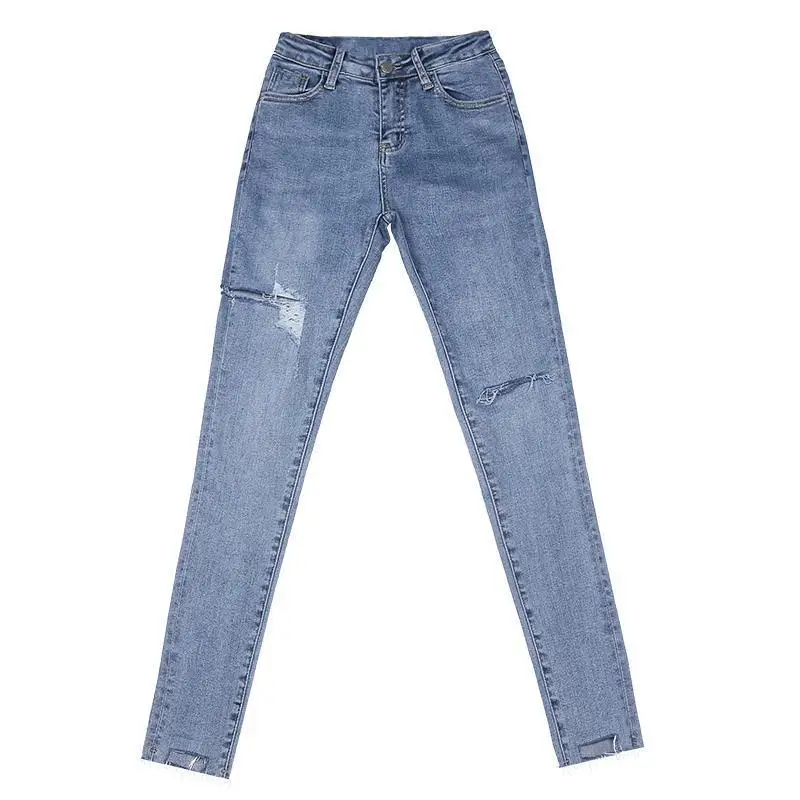 Invisible Open-Seat Pants Ripped Jeans Women's High Waist Blue Cropped Trousers Tight Stretch Feet Pants Outdoor Sex Convenient