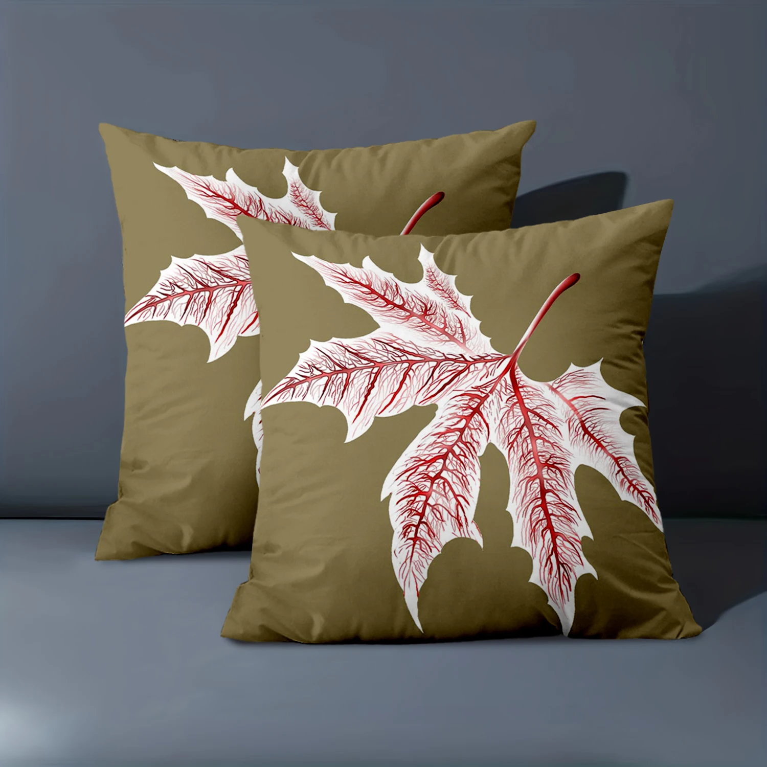 1 piezas de cojines verde oliva con funda de almohada de poliéster con estampado de hojas blancas y rojas, cojín decorativo para sofá, almohada para cabecera