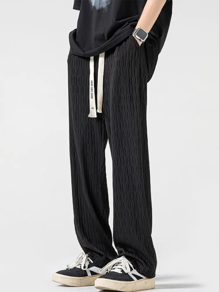 

Summer Thin Ice Silk Wide Leg Pants Men's Casual Loose Straight Leg Sports Trousers Folded Texture Cool Feeling Long Pants