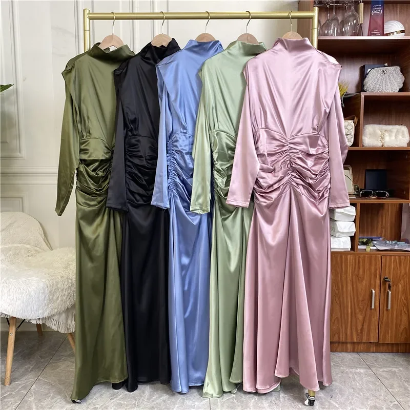 Eid femmes col roulé Robe Maxi musulman Abaya plissé dubaï Abaya turquie caftan Robe en Satin robes Femme Musulmane Jalabiya Robe