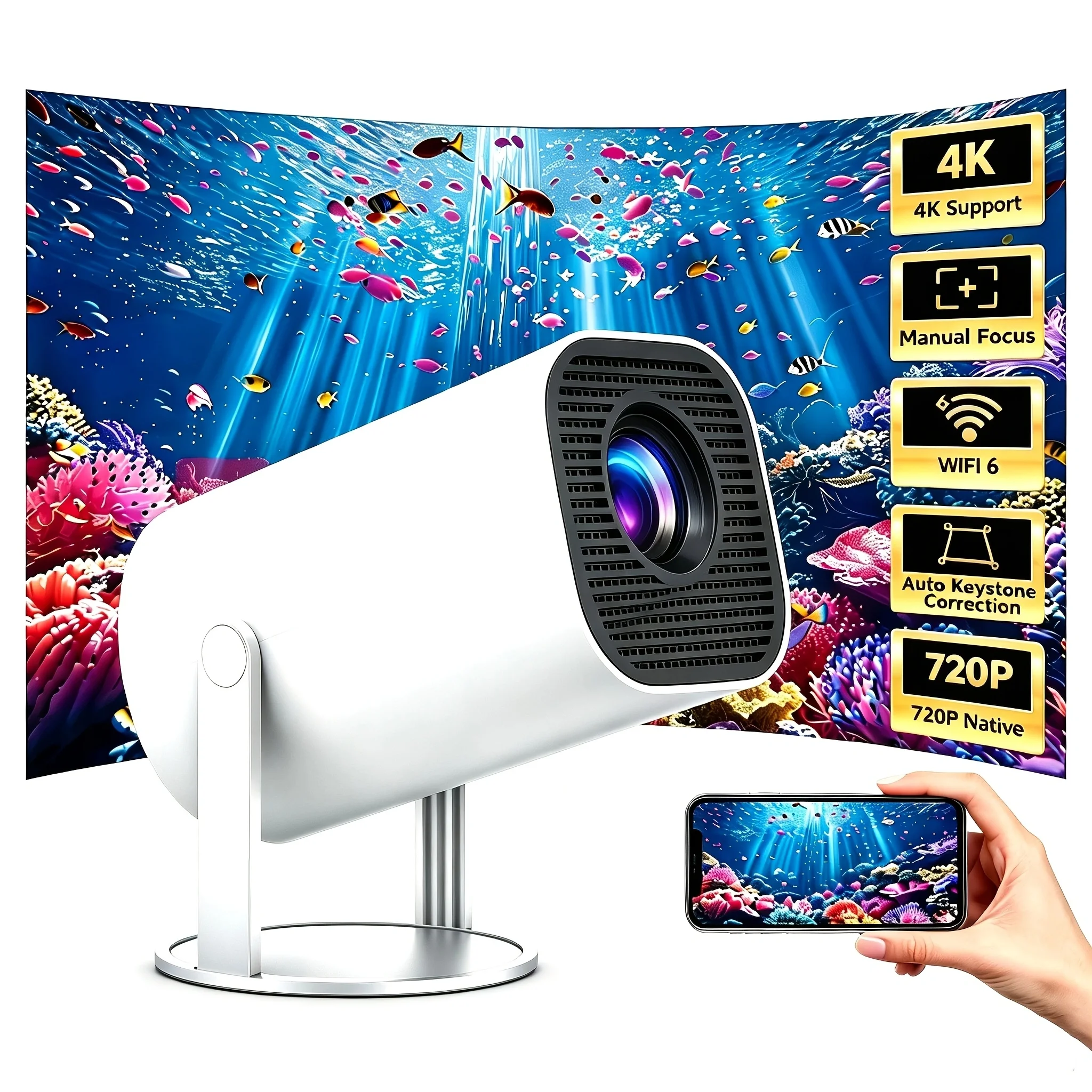 Novo projetor portátil com wifi 6 e sem fio 5.0, projetor inteligente nativo 720p com suporte 4k, tela ajustável, 180 °   Rotação, B