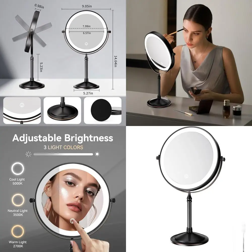 

Беспроводное 10-кратное увеличительное светодиодное косметическое зеркало с 3-цветной подсветкой и вращением на 360 градусов, бронзовая отделка, натертая маслом