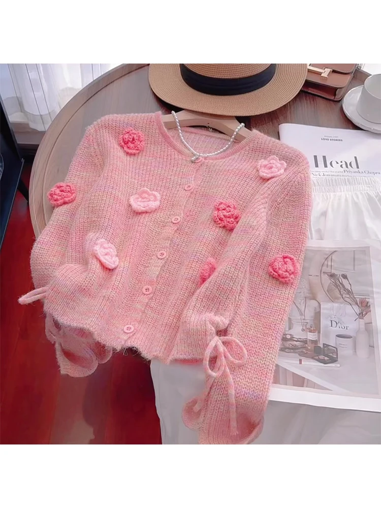 Autumn Winter Women Floral Cardigan Sweater O-Neck French Vintage Long Sleeve Knitwear Mohair Mori Girl Stylish Cute Core Tide