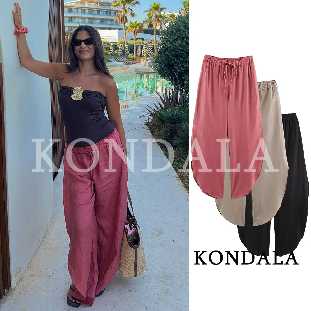 KONDALA Women Summer Casual Drawstring Trousers Simple Street Style Split Pants 2026 Trendy Elegant Holiday Leisure Long Pants