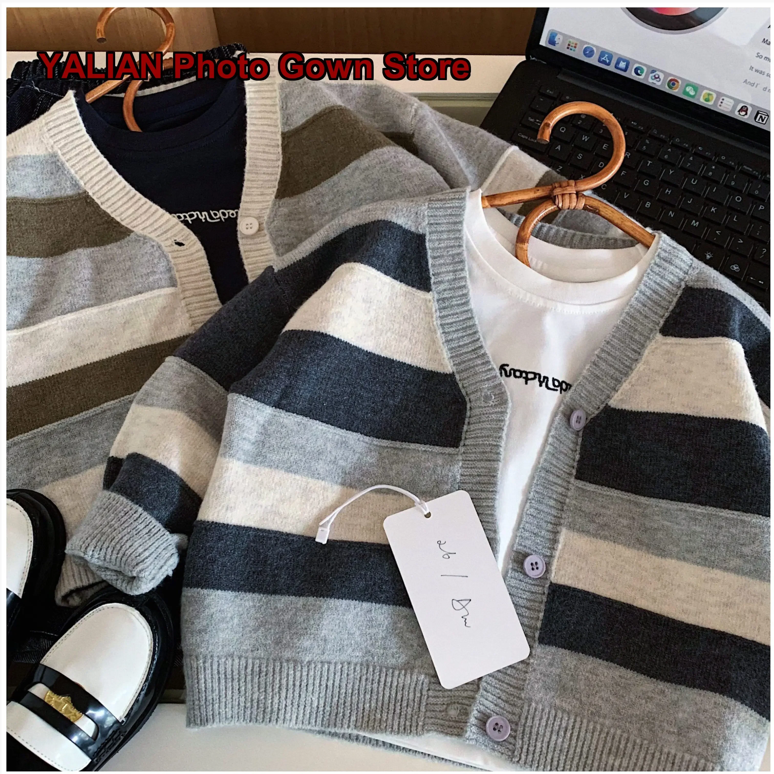Boys Striped V-Neck Pullover Sweater Kids Spring Autumn Casual Baby Coat Girls Chic Style
