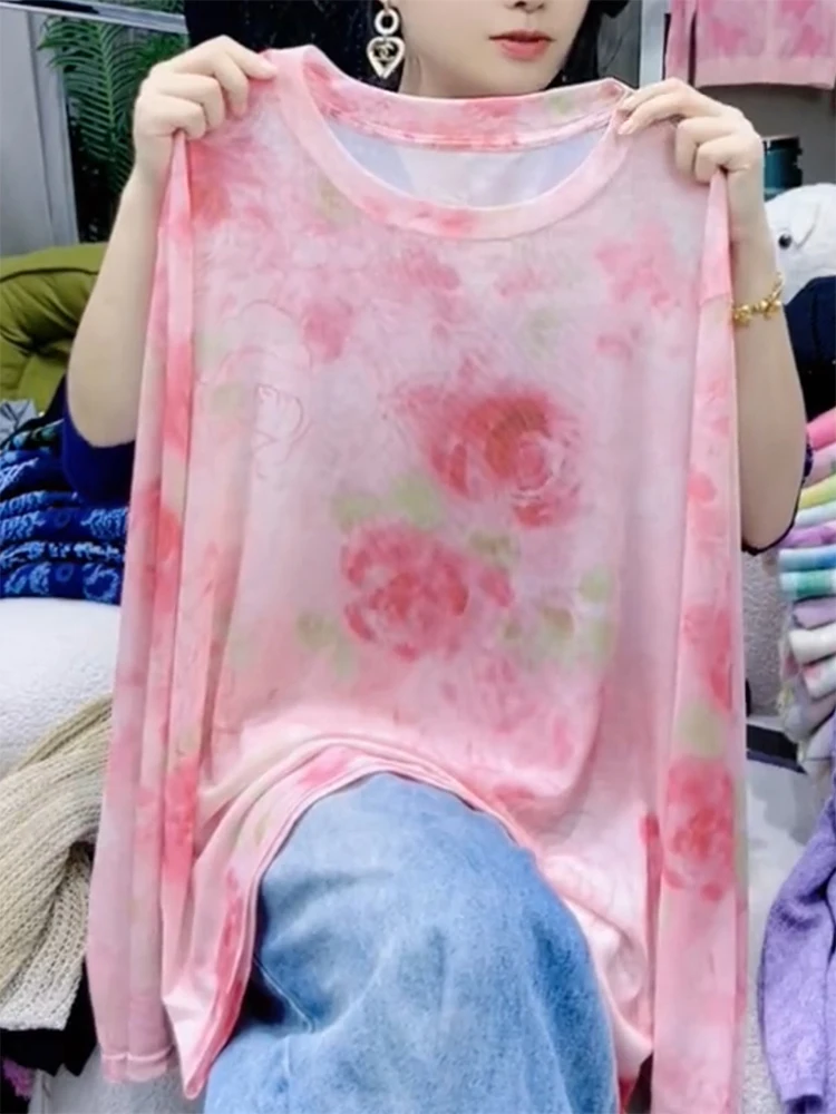 

Retro Pink Dyed Spring New plus Size Thin Me Long Sve round Ne Overhead T-irt Korean Sle Sun Protection Women's Cl...