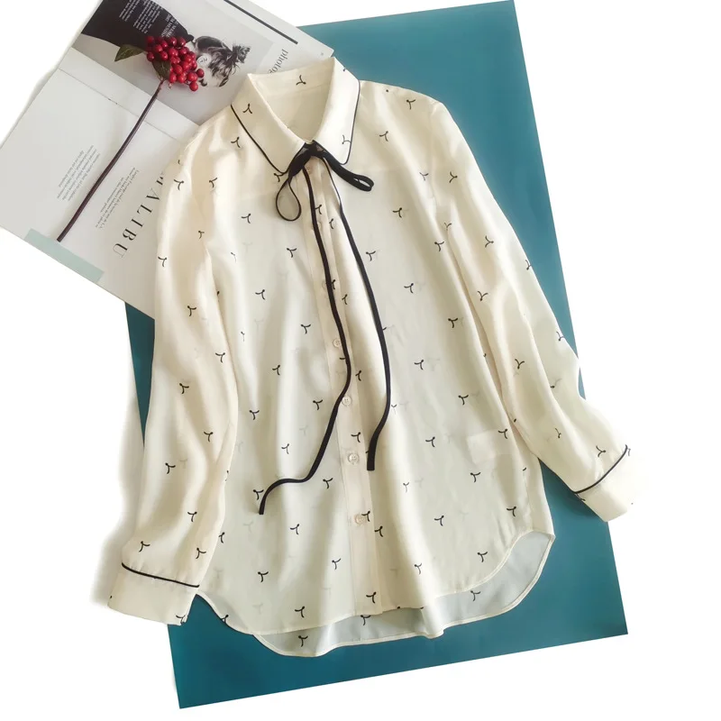 Birdtree 100%Real Silk Women Lace-up Shirt Bow Collar Vintage Print Long Sleeve Commute Blouse Office Lady 2024 Spring T41115QM