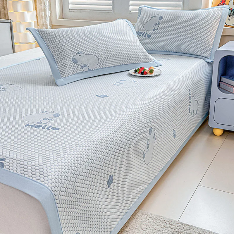 Ice Bean Summer Sleeping Mat Set Cartoon Jacquard Cooling Flat Sheet Sets for Hot Flashes Skin-Friendly Naked Sleep Home Textile