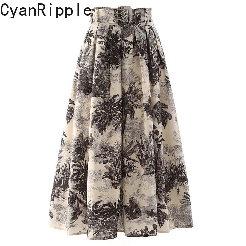 

Высококачественная новая весенне-осенняя юбка средней длины с завышенной талией, винтажная, с принтом в стиле туши, элегантная женская юбка А-силуэта для вечеринок, пышная юбка