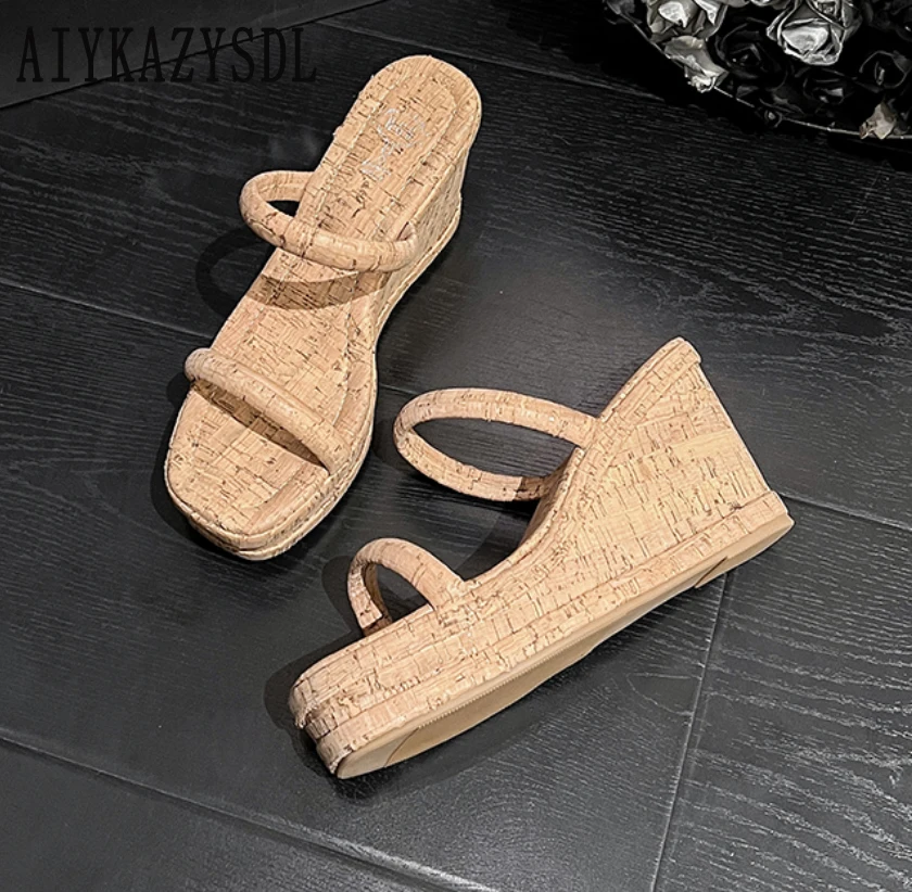 AIYKAZYSDL 2024 pantofole da esterno scivoli sandali da spiaggia in legno di sughero piattaforma piatta tacco a zeppa Casual Boho Patchwork scarpe