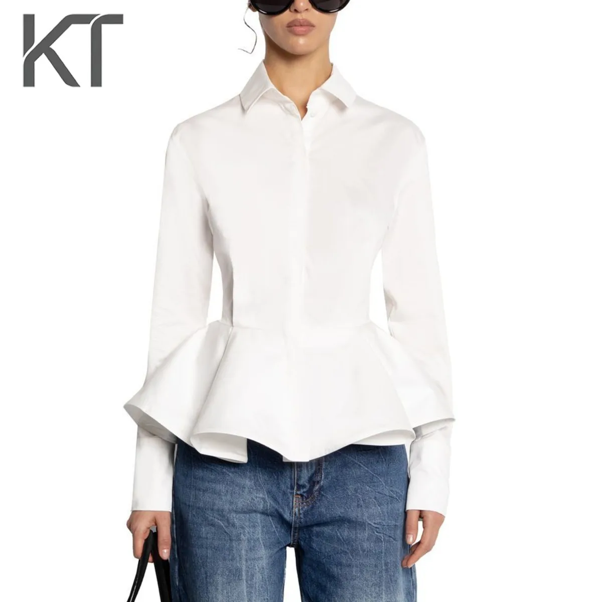 

KT Elegant Structured Peplum Blouse For Women Stand Collar Hidden Button Fitted Waist Ruffle Hem Daily & Party Tops