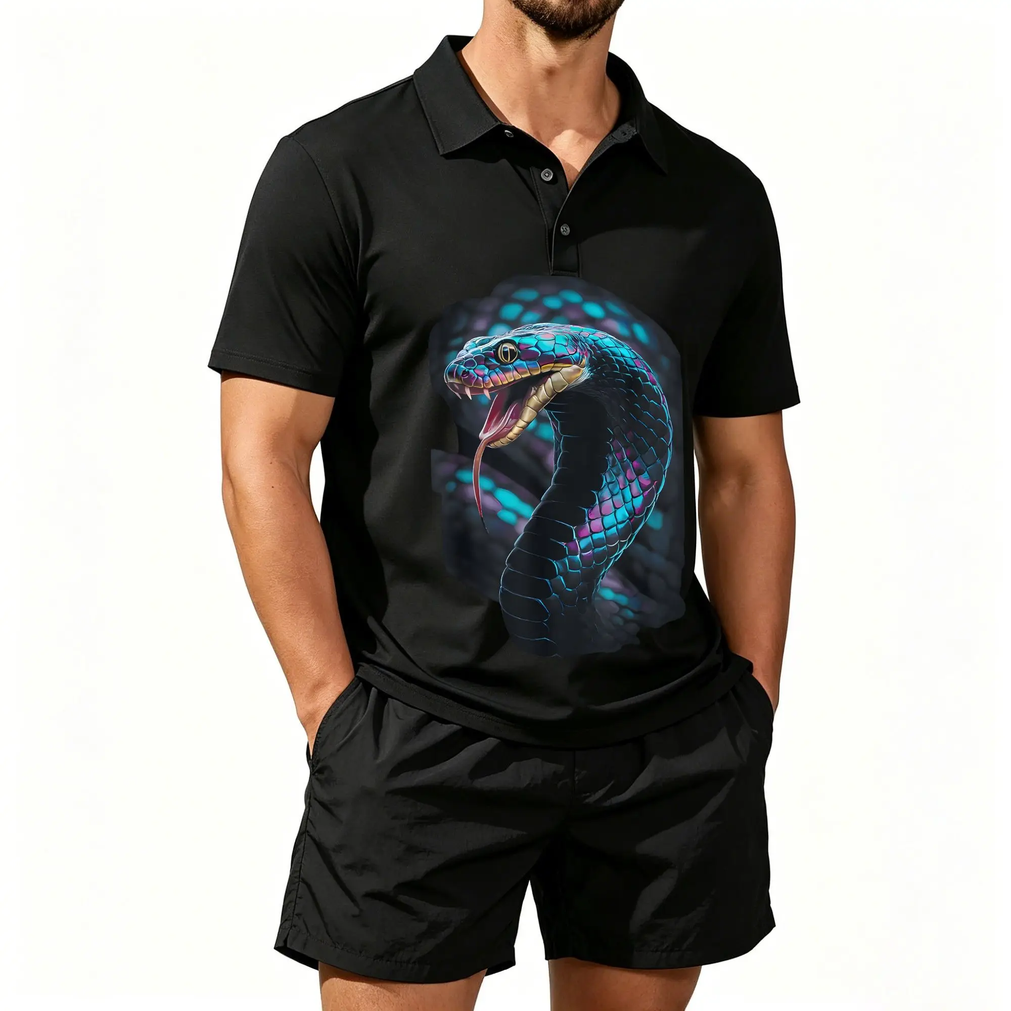 Conjunto de Dos Piezas de Camiseta Polo y Pantalones Cortos de Playa para Hombre, Estampado de Serpiente Moderno y Único, Estilo Atrevido y a la Moda, Casual y Versátil, Cómodo de Usar, Corte Ajustado