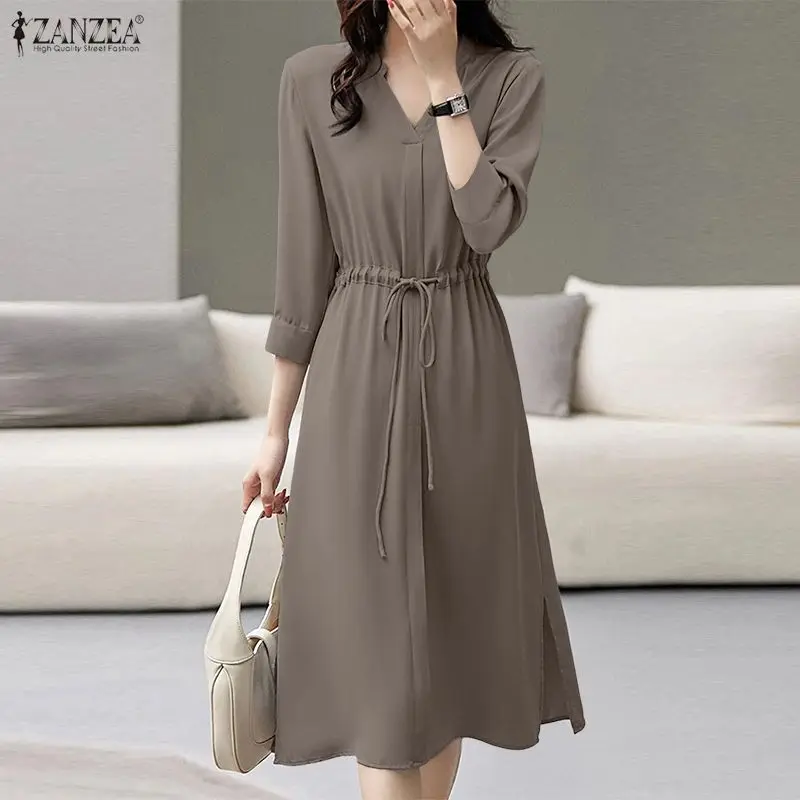 ZANZEA Sommer-Damen-Midikleid, elegant, V-Ausschnitt, 3/4-Ärmel, Kordelzug an der Taille, A-Linie, Schlitzsaum, minimalistische, einfarbige Roben für Damen