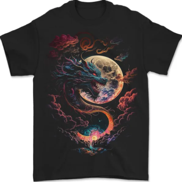 

a Fantasy Dragon With a Full Moon Mens T-Shirt 100% Cotton Outdoor casual fashion trendy T-shirt