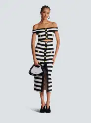 2024 New Women Sexy Slash Neck Striped 2 Pieces Bodycon Bandage Mid-calf Dress Fashion Celebrate Office Lady Elegant Wear