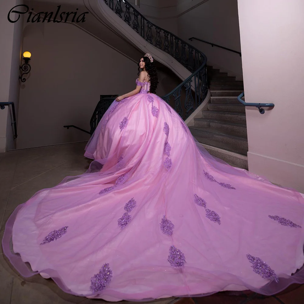 الدانتيل Quinceanera فساتين مع الوهم الخرز و يزين ، ثوب الكرة ، قبالة الكتف مشد ، الوردي ، 15 سنوات