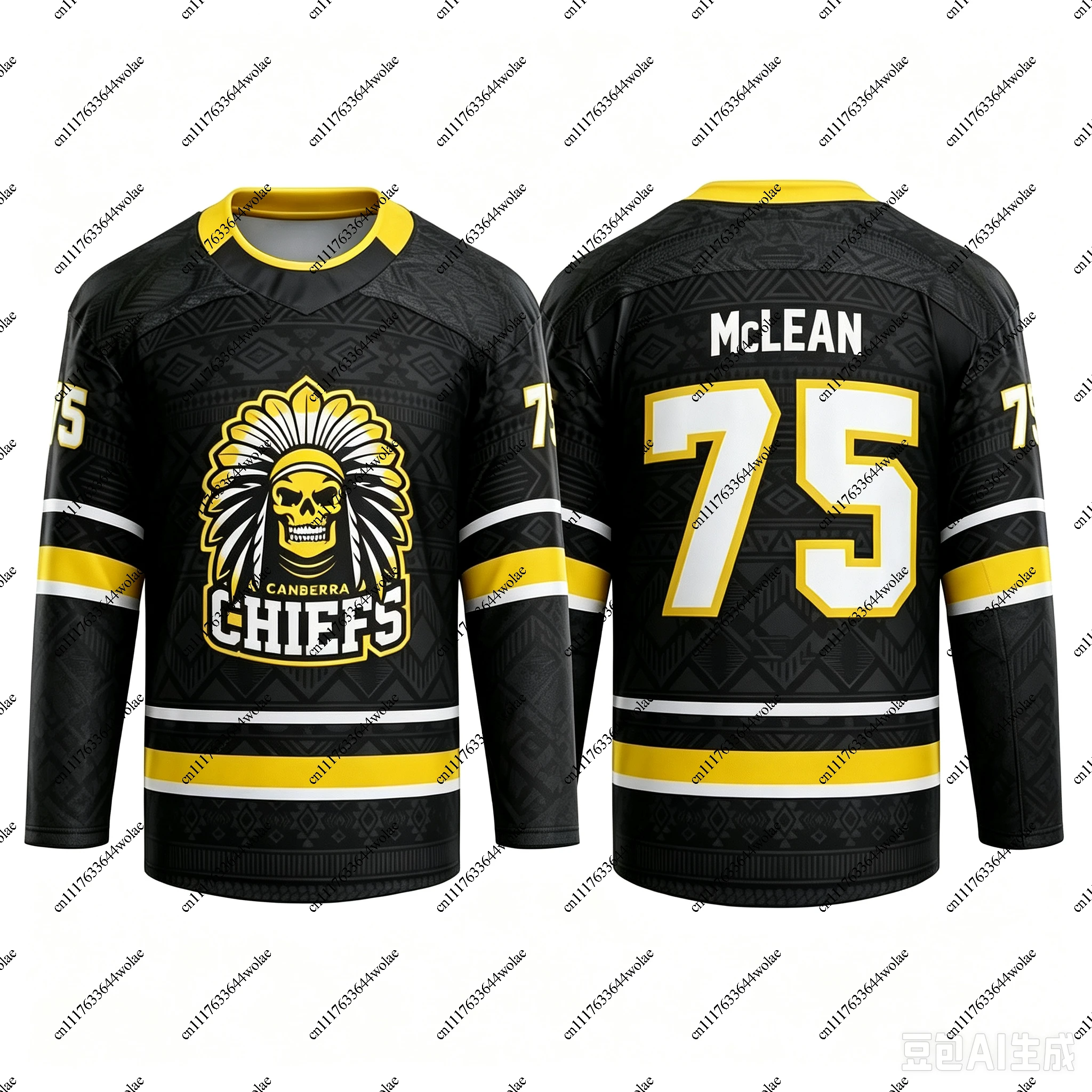 Hockey Jersey - Black with Yellow/White Accents Skull Chief Logo & Tribal Pattern 