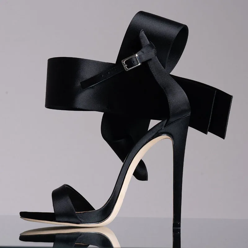 

Bow-Knot Solid-Color Buckle-Style Stiletto Sandals Pointed-Toe Sweet Large-Size High Heels Satin Sexy Evening Shoes Sandalias