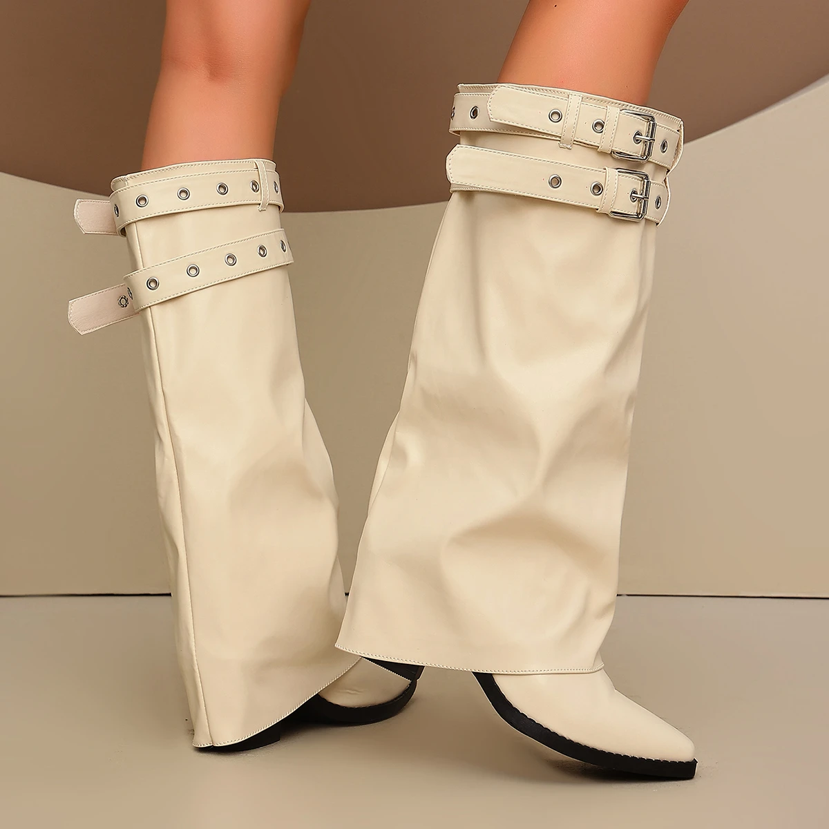 Punk-Gürtelschnalle, schwarze Overknee-Stiefel für Damen, Herbst/Winter, Lackleder, klobige High-Heel-Stiefel, Damen-Overknee-Stiefel in Übergröße 43 – Detail 6