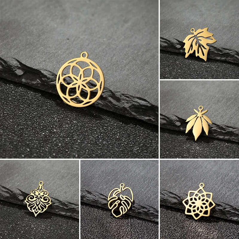5 Stück Bohemian Edelstahl Blume Blatt Anhänger Mode Mandala DIY Schmuckherstellung Pflanze Charm Halskette Armband Zubehör